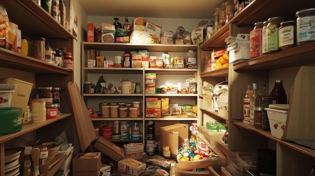 A cluttered pantry with disorganized items and overflowing shelves, featuring some expired products and duplicates. This image highlights the consequences of poor planning and overstocking, emphasizing the need for careful inventory management during shopping hauls.