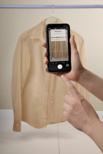 A close-up shot of a smartphone displaying a virtual closet app, showing various clothing items organized neatly. Hands gently interact with the screen, highlighting the user-friendly interface.